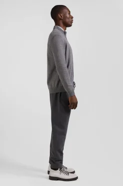Cardigan zippé en laine et coton uni gris