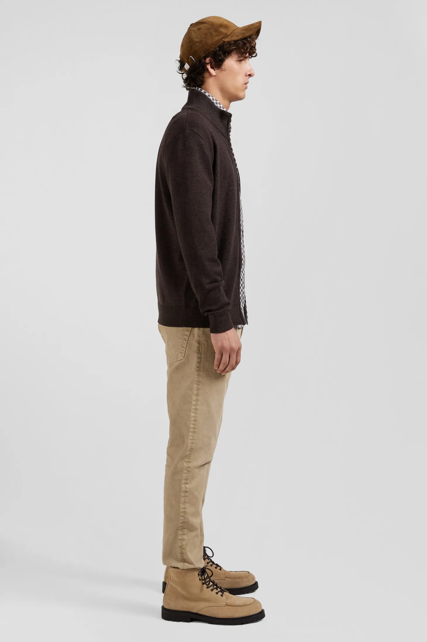 Cardigan zippé en laine et coton uni marron