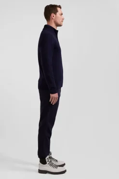 Cardigan zippé en laine et coton uni bleu marine