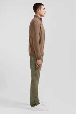 Cardigan zippé en laine et coton uni camel