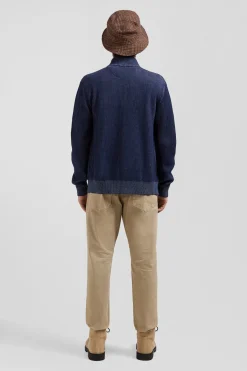 Cardigan zippé en laine et coton bleu marine coupe Regular
