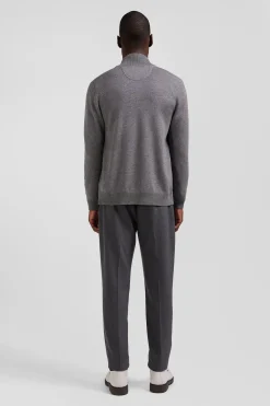 Cardigan zippé en laine et coton uni gris
