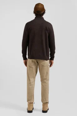 Cardigan zippé en laine et coton uni marron