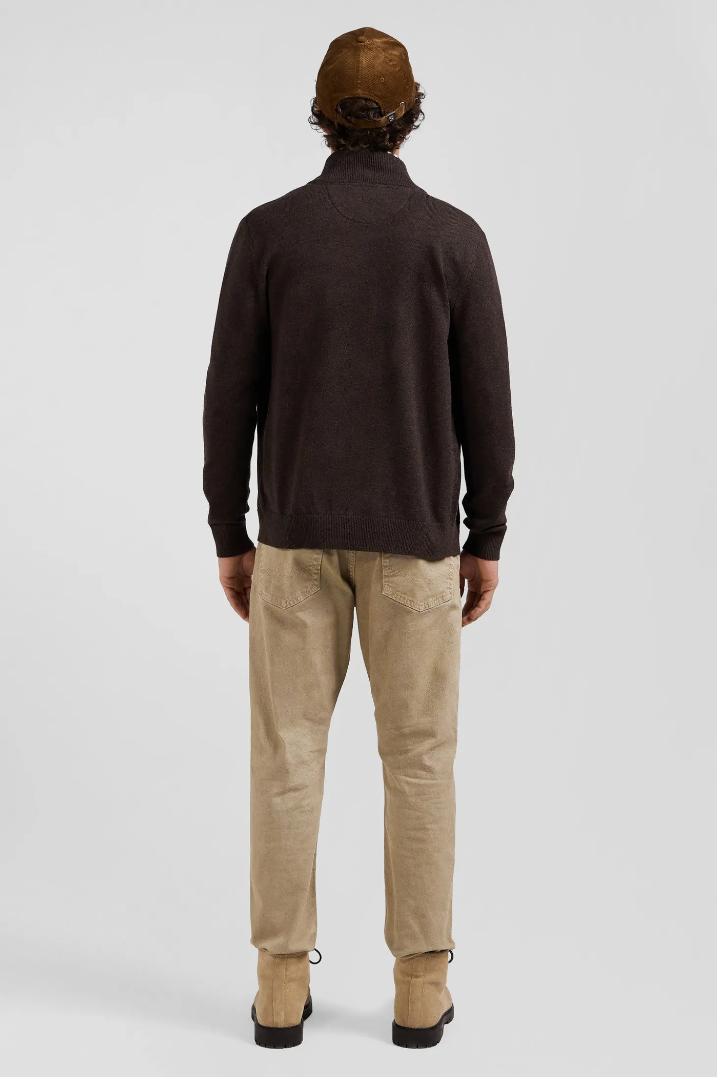 Cardigan zippé en laine et coton uni marron