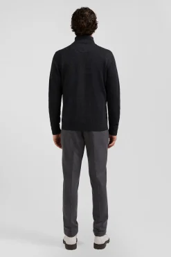 Cardigan zippé en laine et coton uni gris anthracite