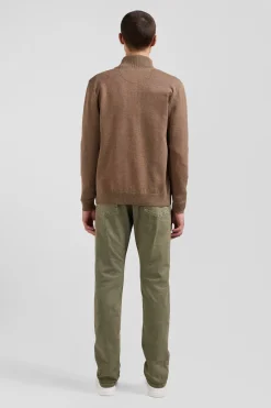 Cardigan zippé en laine et coton uni camel