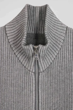 Cardigan zippé en laine et coton gris coupe Regular