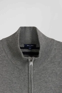 Cardigan zippé en laine et coton uni gris