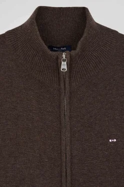 Cardigan zippé en laine et coton uni marron