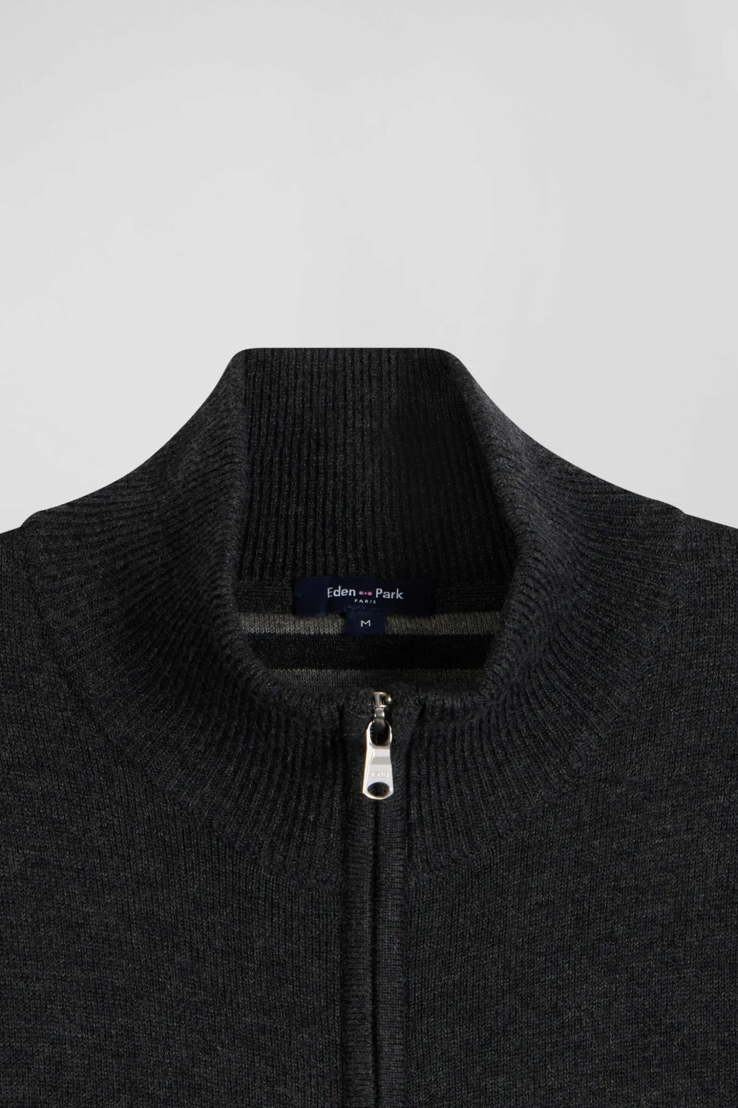 Cardigan zippé en laine et coton uni gris anthracite