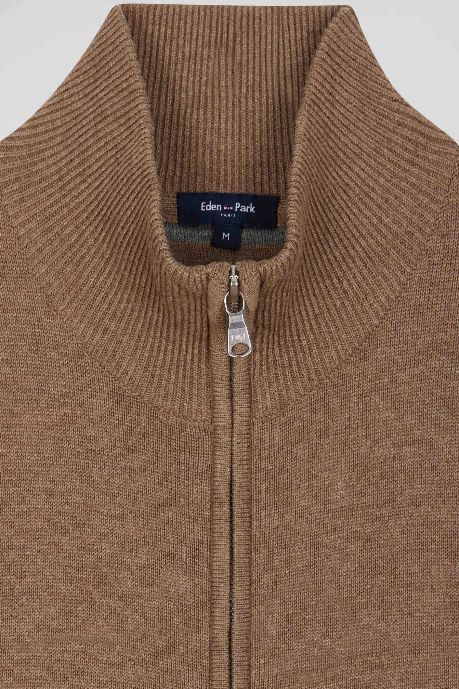 Cardigan zippé en laine et coton uni camel