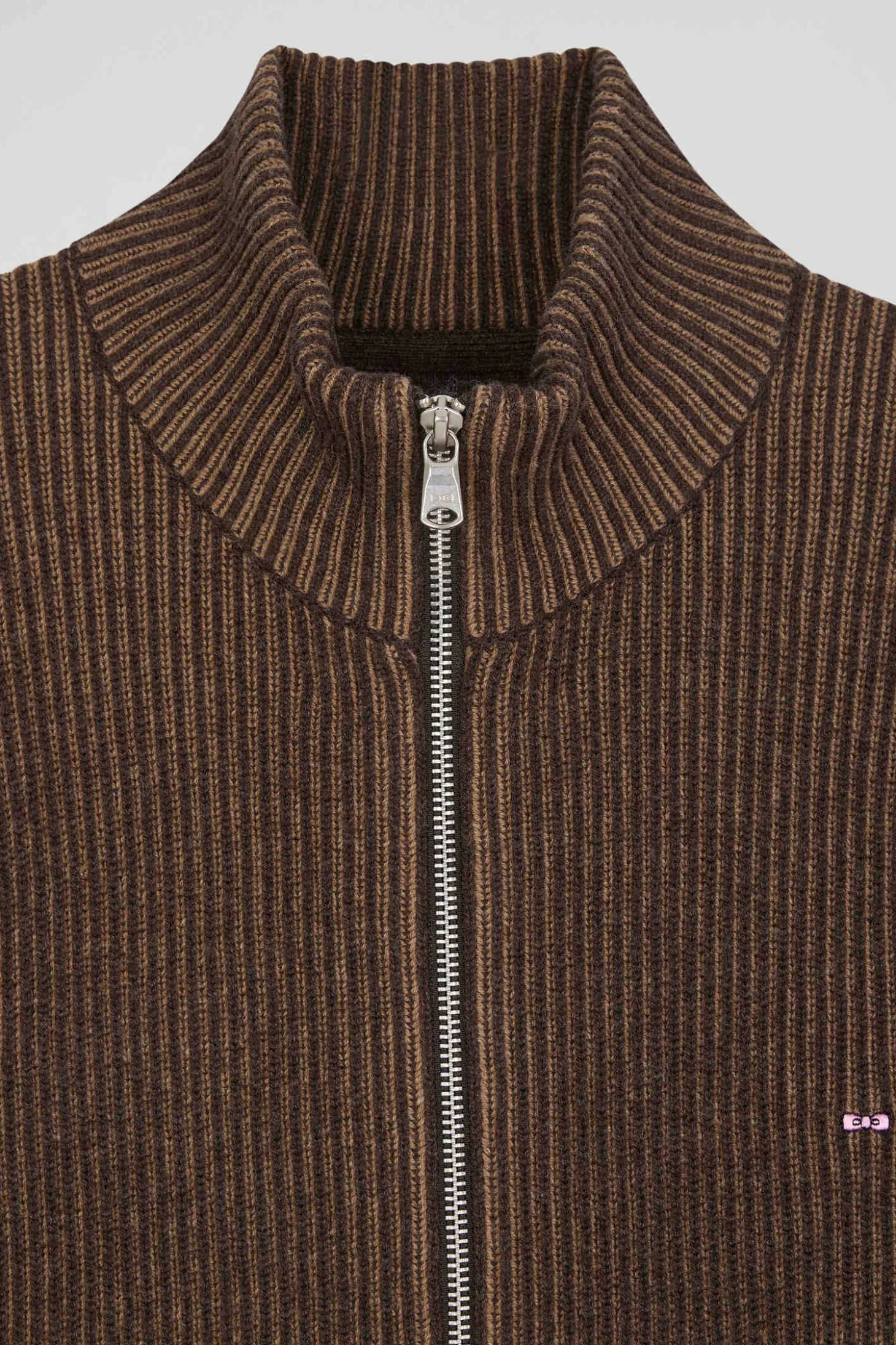 Cardigan zippé en laine et coton marron coupe Regular