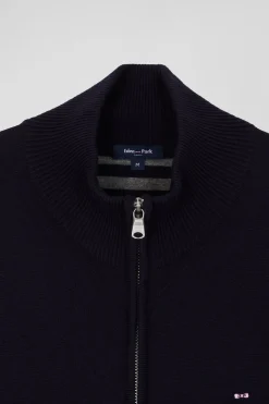 Cardigan zippé en laine et coton uni bleu marine