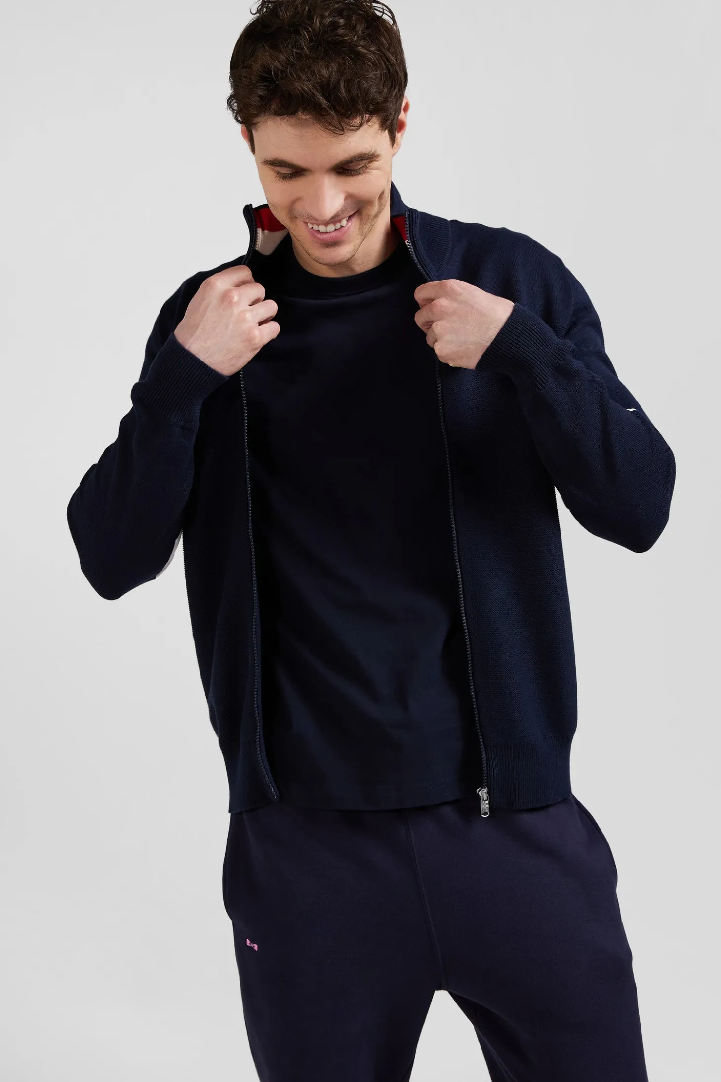 Cardigan zippé XV de France en coton bleu marine coupe Regular détails tricolores
