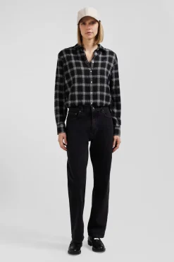 Chemise à carreaux en coton et laine noire coupe Relaxed