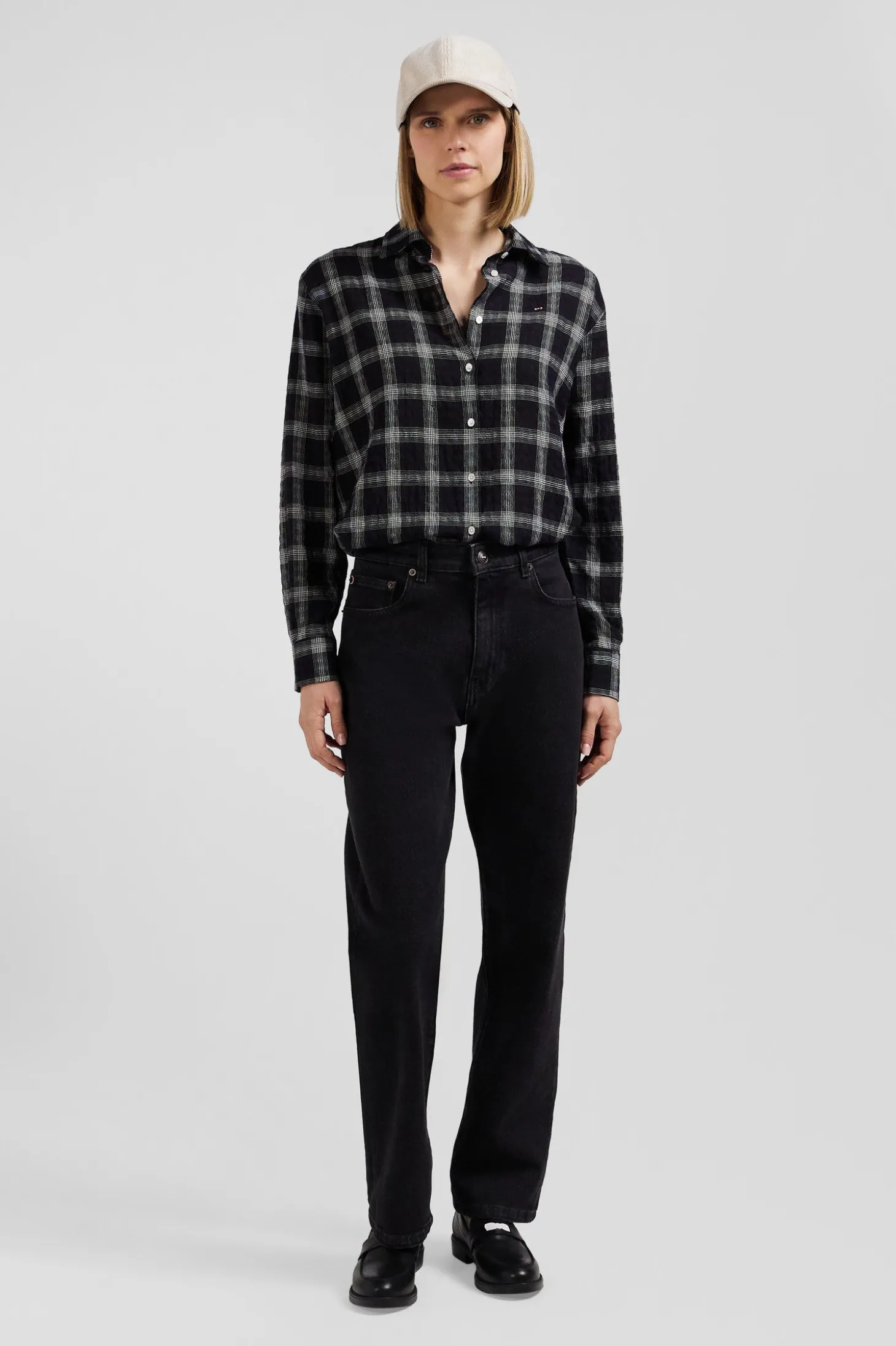 Chemise à carreaux en coton et laine noire coupe Relaxed