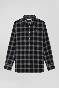 Chemise à carreaux en coton et laine noire coupe Relaxed