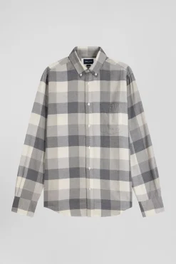 Chemise à carreaux en coton gris chiné coupe Regular