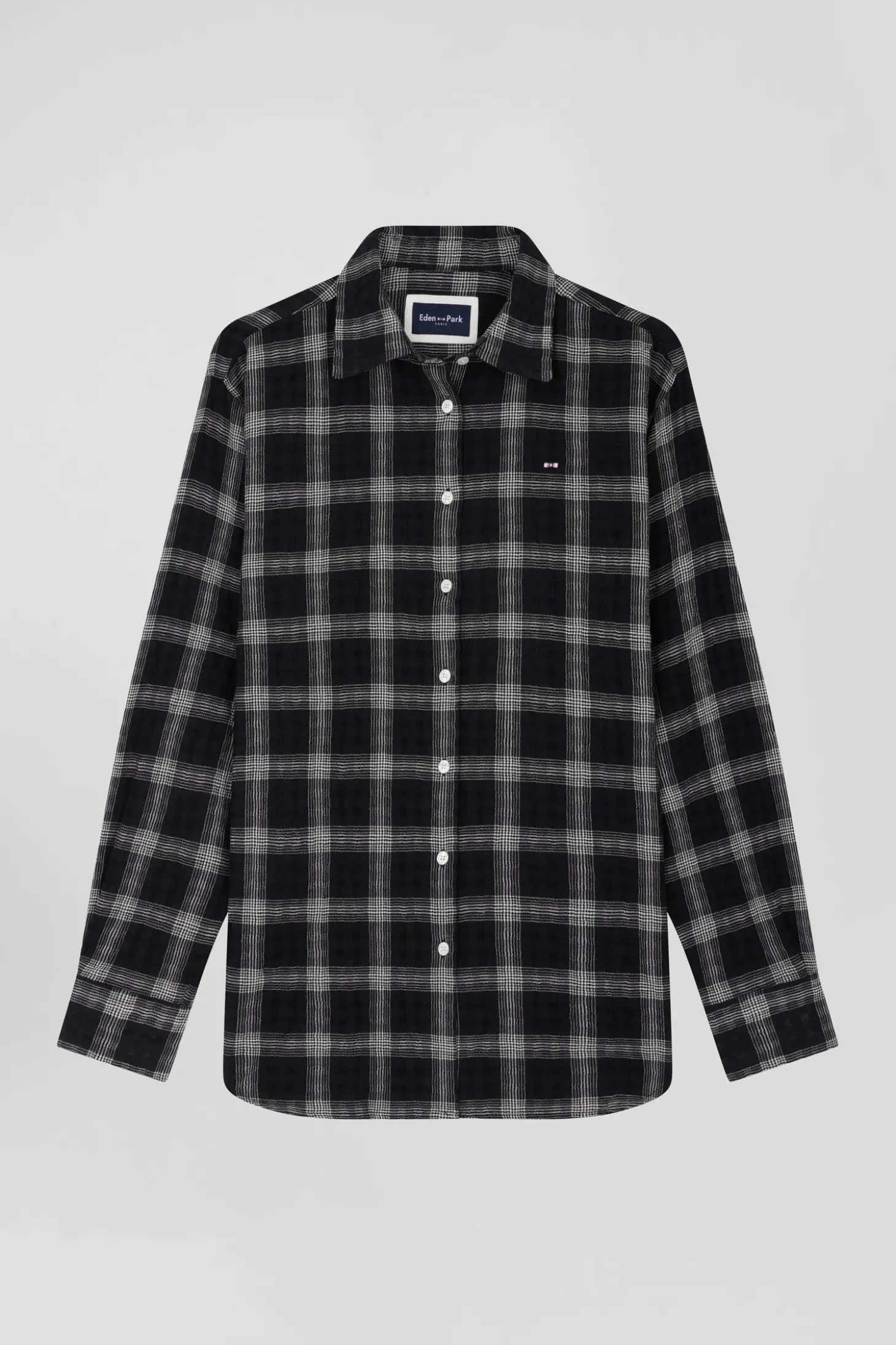 Chemise à carreaux en coton et laine noire coupe Relaxed