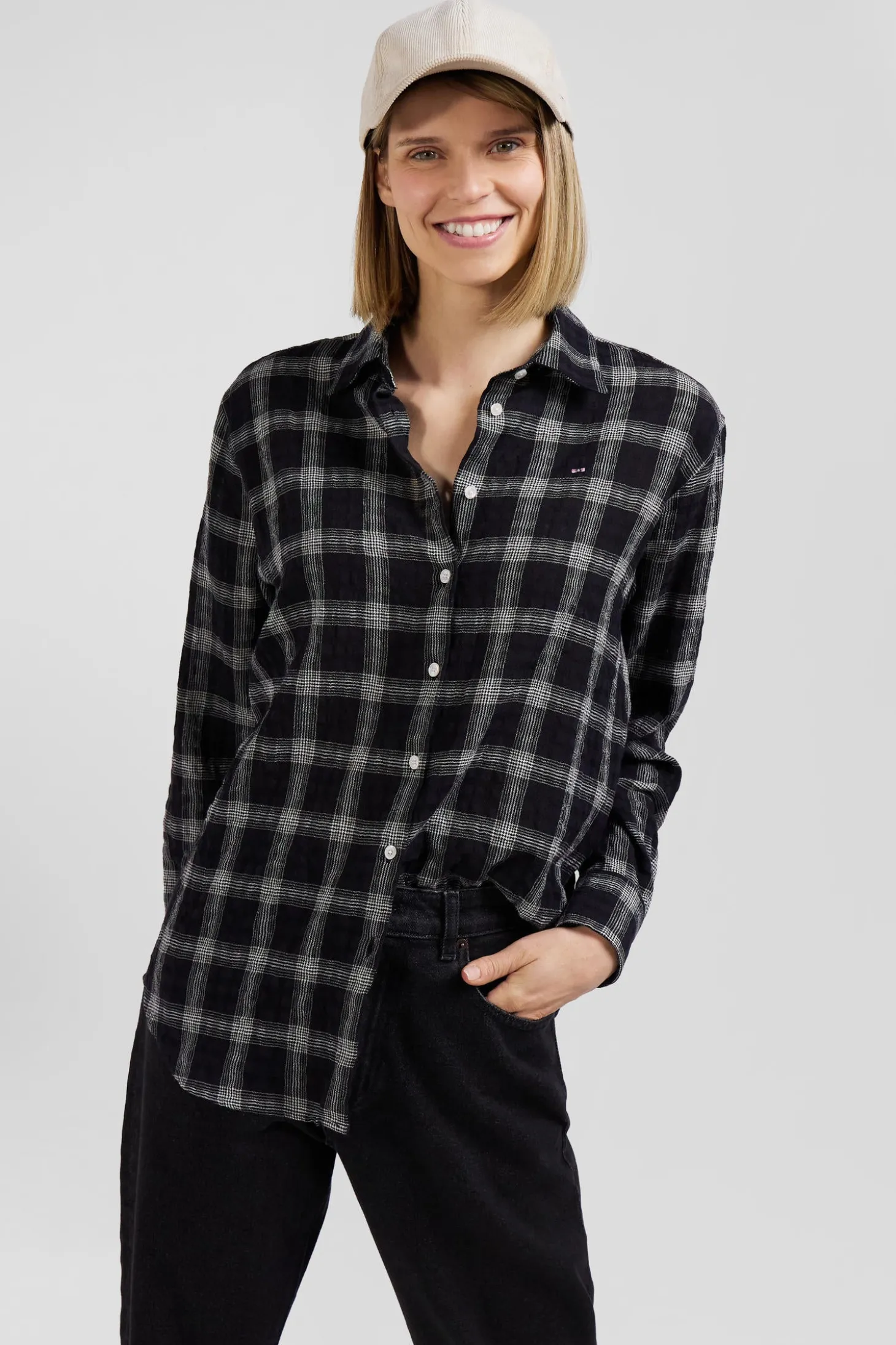Chemise à carreaux en coton et laine noire coupe Relaxed
