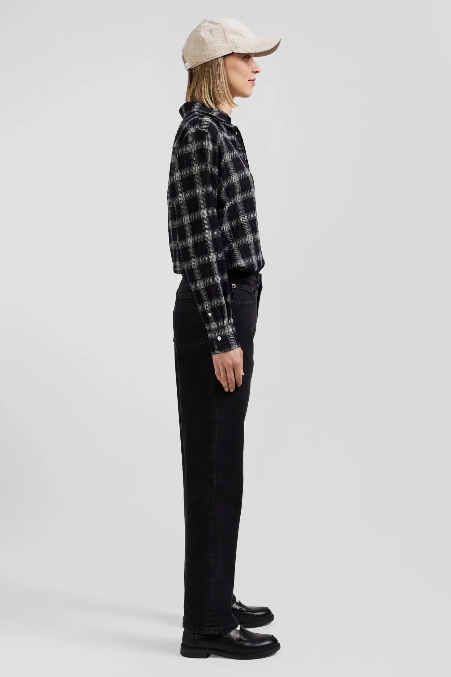 Chemise à carreaux en coton et laine noire coupe Relaxed