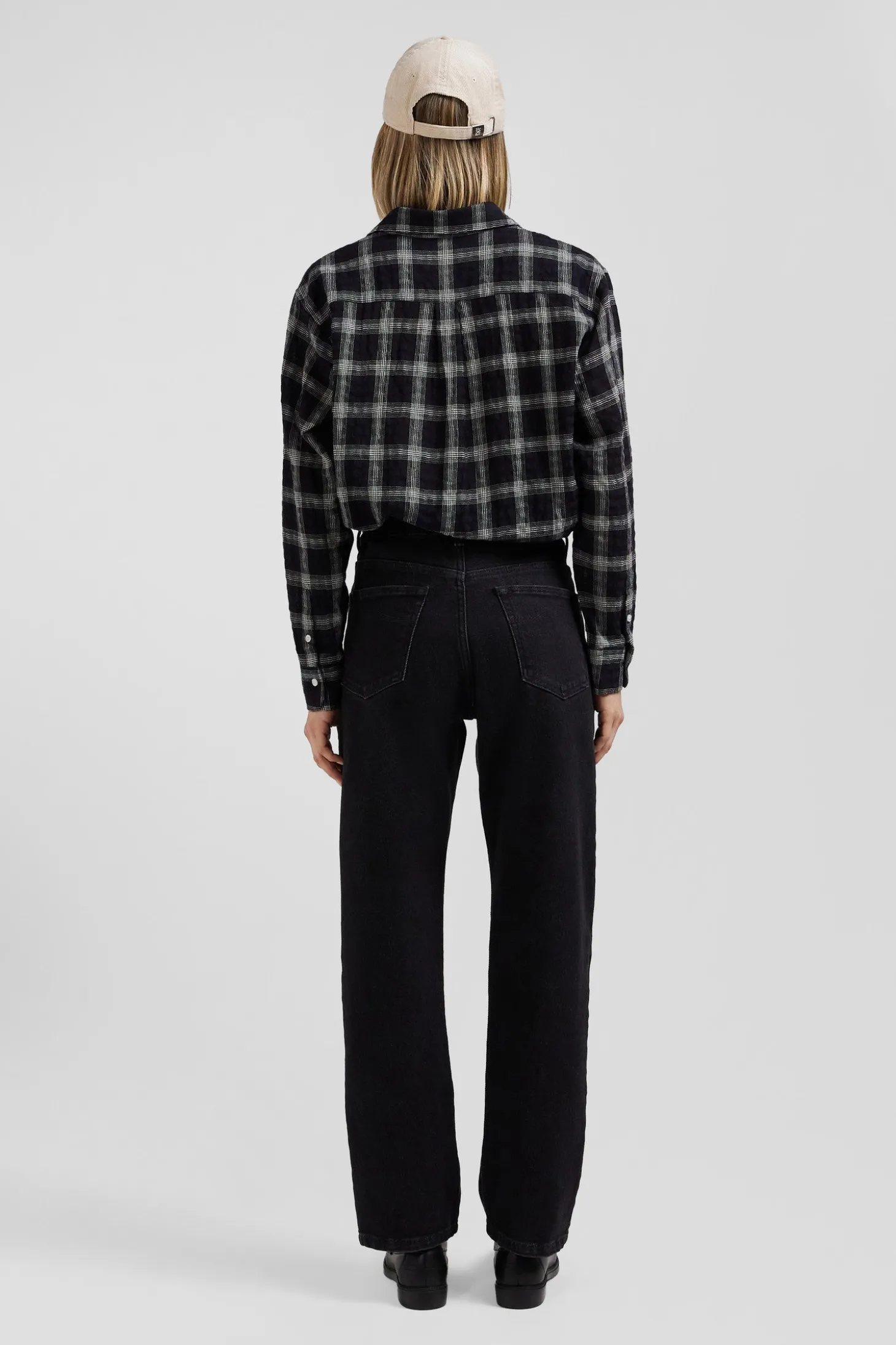 Chemise à carreaux en coton et laine noire coupe Relaxed