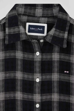 Chemise à carreaux en coton et laine noire coupe Relaxed