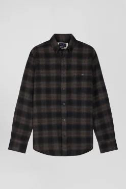 Chemise à carreaux en flanelle de coton noire coupe Regular