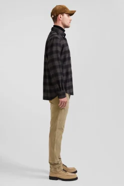 Chemise à carreaux en flanelle de coton noire coupe Regular