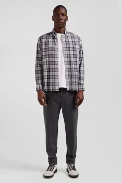 Chemise à carreaux en twill de coton gris coupe Regular