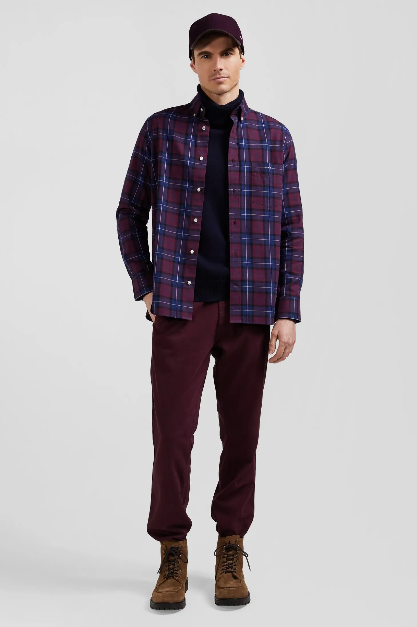 Chemise à carreaux en twill de coton bordeaux coupe Regular