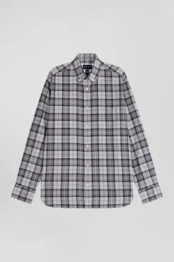 Chemise à carreaux en twill de coton gris coupe Regular