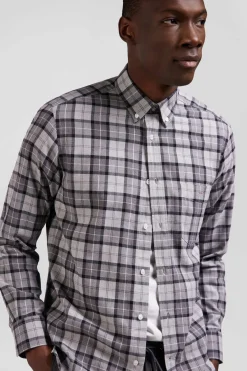 Chemise à carreaux en twill de coton gris coupe Regular