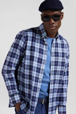 Chemise à carreaux en twill de coton ciel coupe Regular