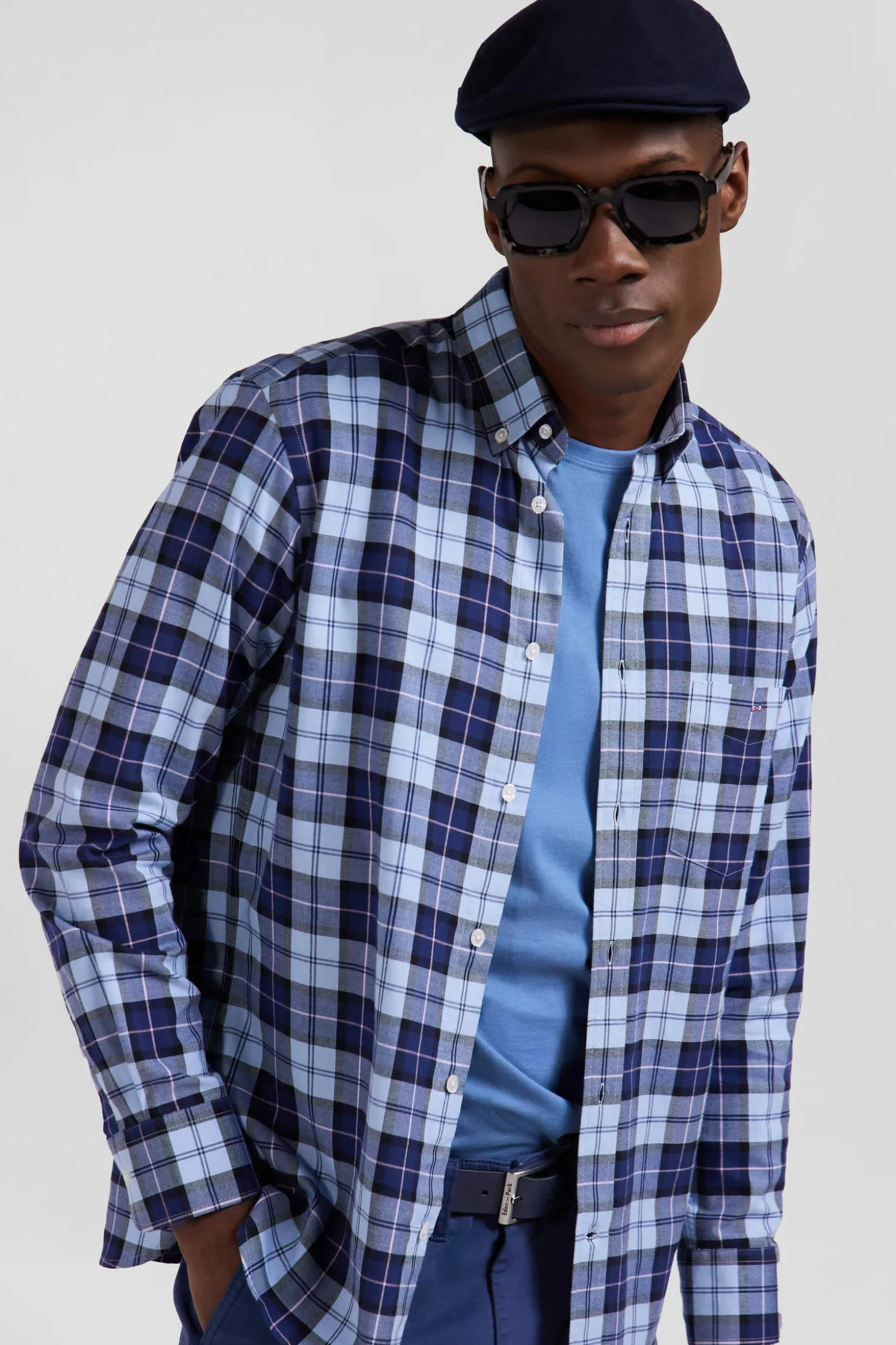 Chemise à carreaux en twill de coton ciel coupe Regular