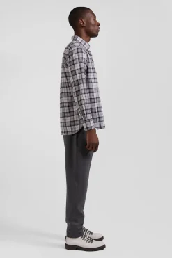 Chemise à carreaux en twill de coton gris coupe Regular
