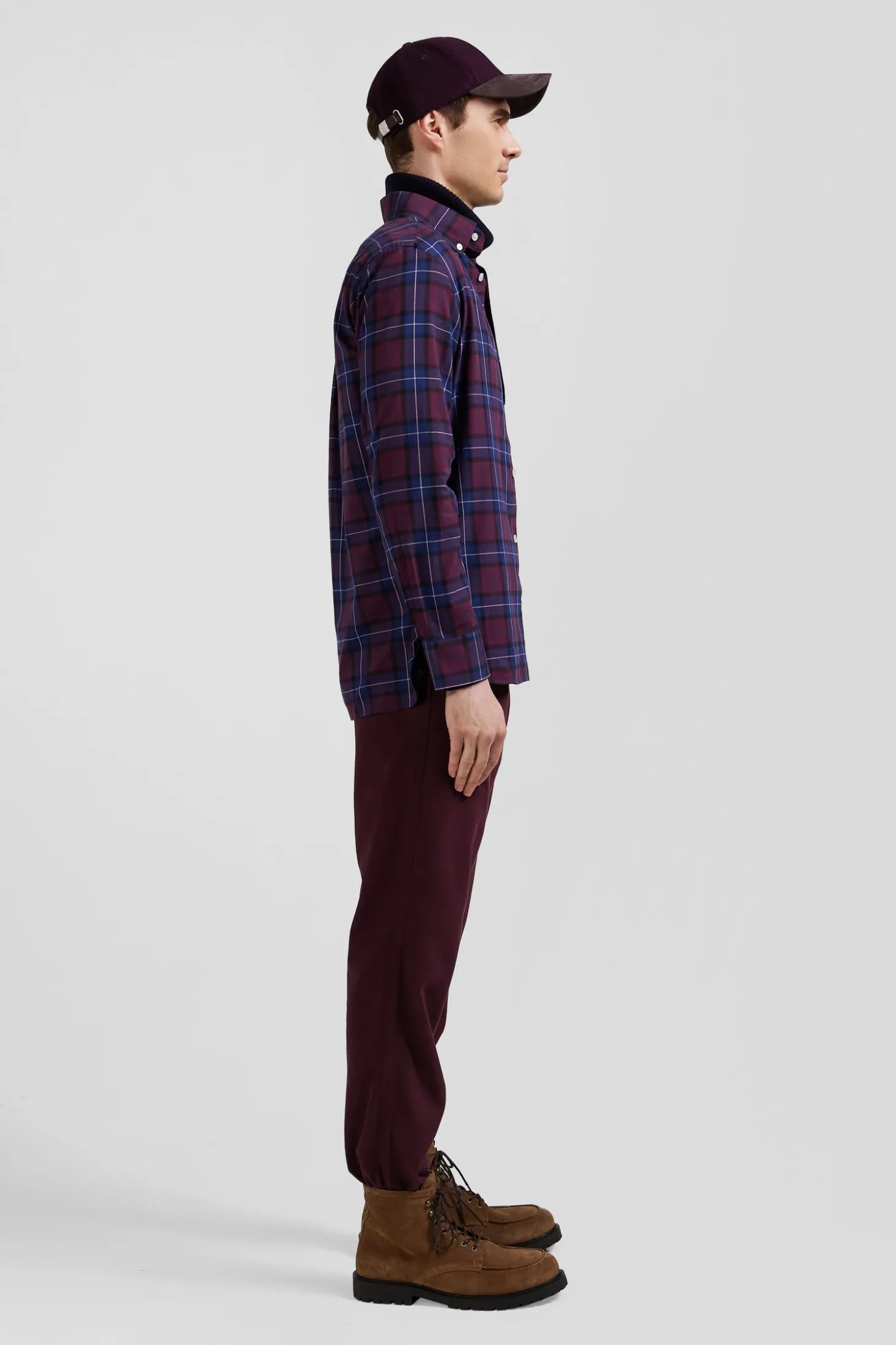 Chemise à carreaux en twill de coton bordeaux coupe Regular