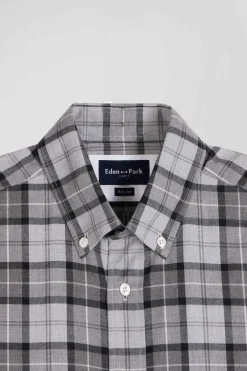 Chemise à carreaux en twill de coton gris coupe Regular