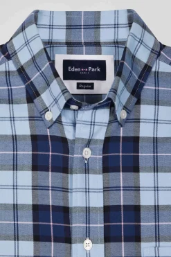 Chemise à carreaux en twill de coton ciel coupe Regular