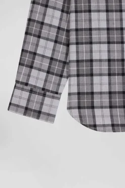 Chemise à carreaux en twill de coton gris coupe Regular