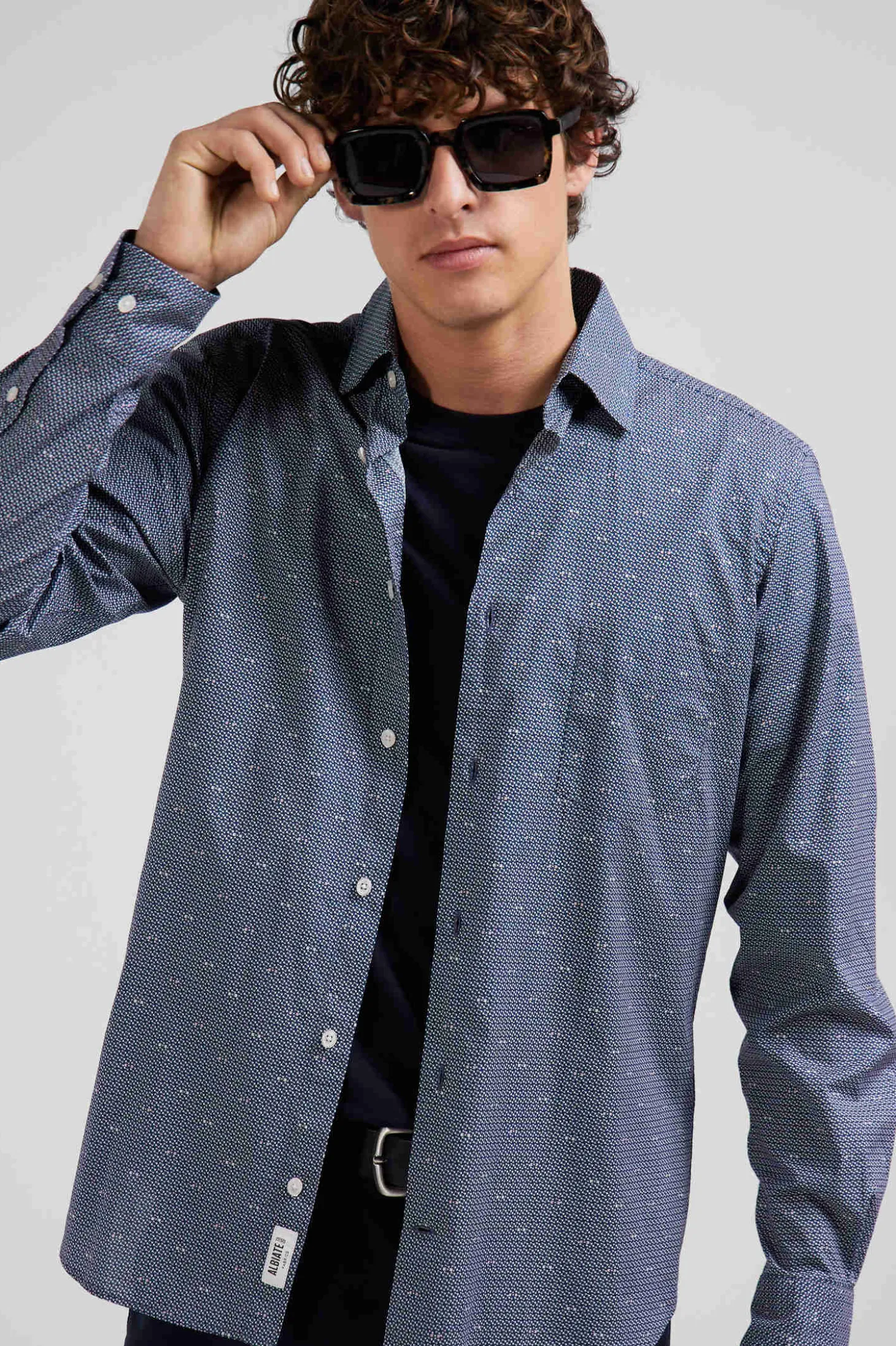 Chemise à micro-motifs en coton bleu marine coupe Slim