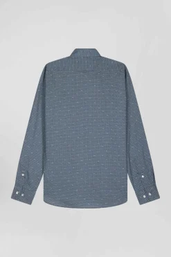 Chemise à micro-motifs en coton bleu marine coupe Slim