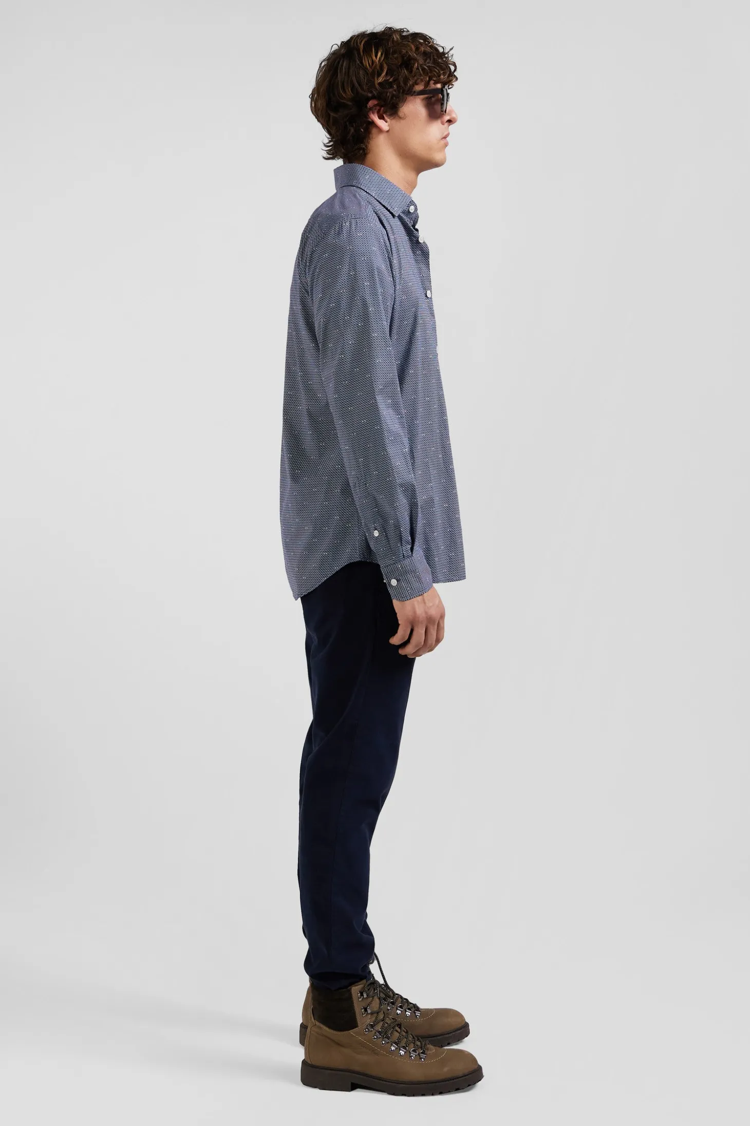 Chemise à micro-motifs en coton bleu marine coupe Slim