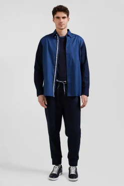 Chemise bicolore en coton pin point bleu foncé coupe Regular broderie dos