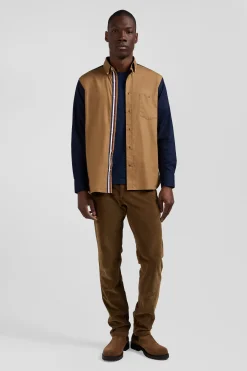 Chemise bicolore en coton pin point camel coupe Regular broderie dos