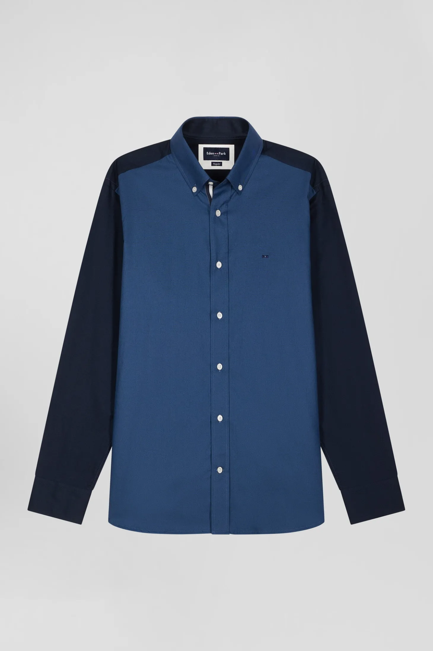 Chemise bicolore en coton pin point bleu foncé coupe Regular broderie dos