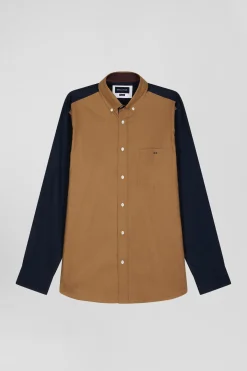 Chemise bicolore en coton pin point camel coupe Regular broderie dos
