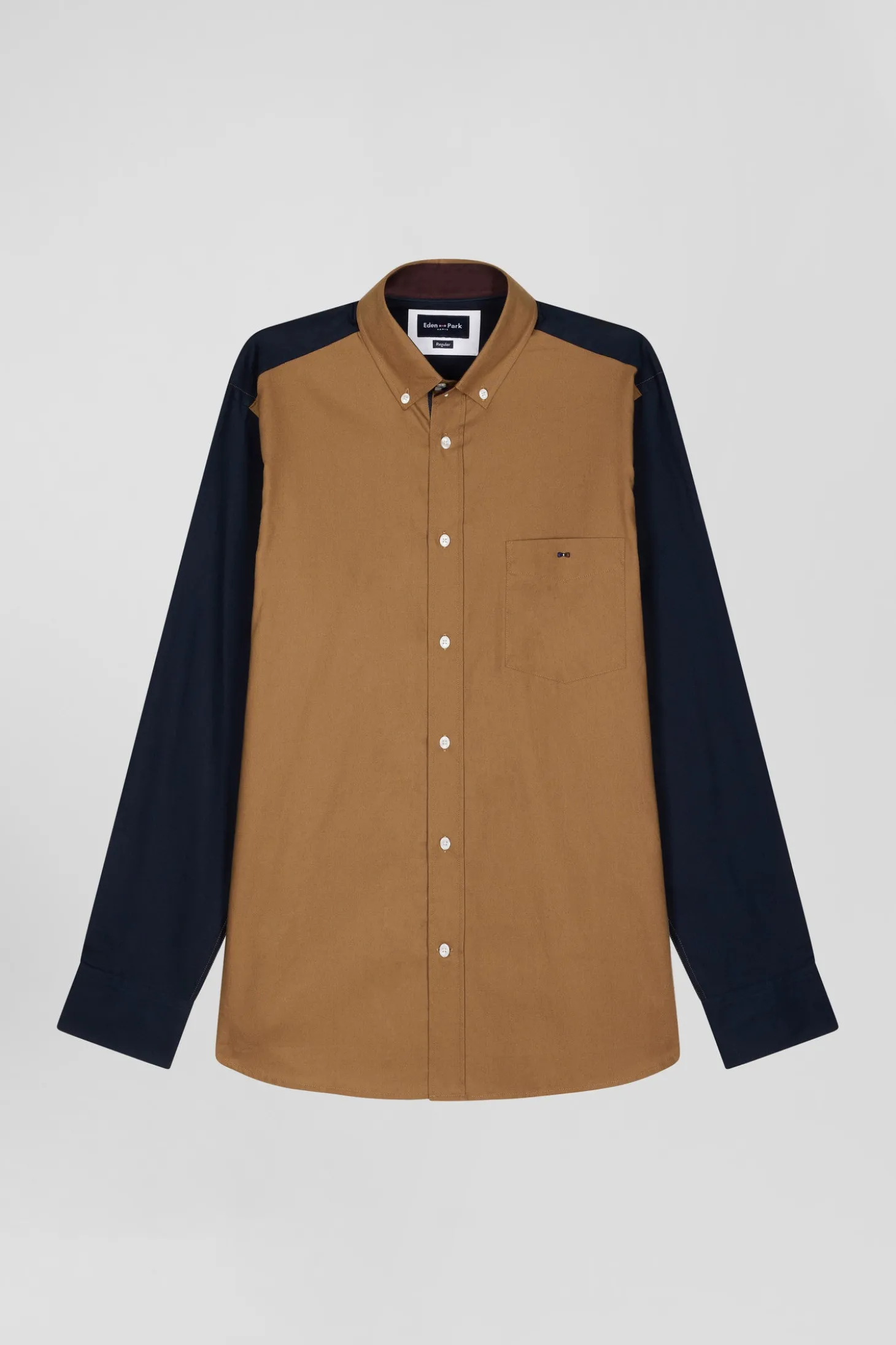 Chemise bicolore en coton pin point camel coupe Regular broderie dos