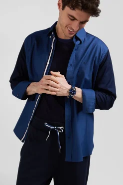 Chemise bicolore en coton pin point bleu foncé coupe Regular broderie dos