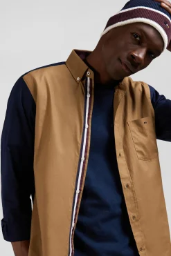 Chemise bicolore en coton pin point camel coupe Regular broderie dos